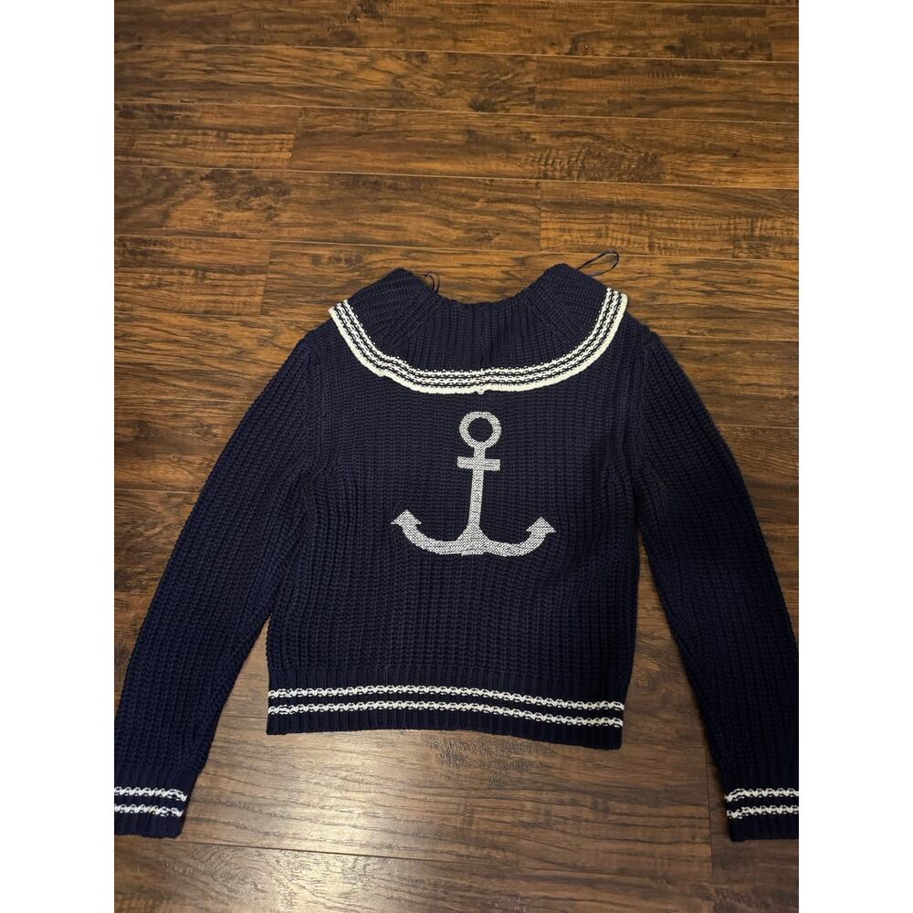 Marled Sailor Collar Knit Sweater Navy Blue Women's Sz M Chunky Pullover - Picture 9 of 10